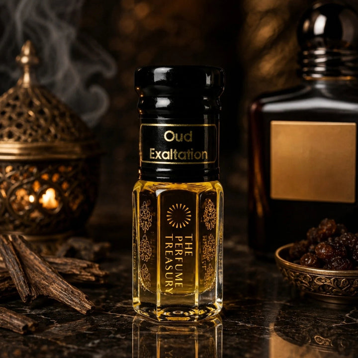 A bottle of Oud Exaltation fragrance oil by The Perfume Treasury, featuring a black cap and a clear glass body showing the golden-yellow oil inside. The bottle is set on a dark marble surface with a lit brass incense burner, cinnamon sticks, and another dark bottle in the background.