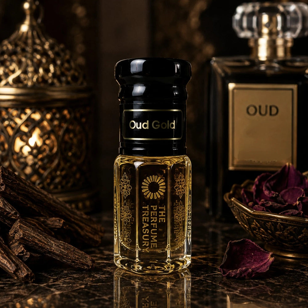 Oud Gold perfume oil by The Perfume Treasury displayed in a luxurious dark setting with oud wood, rose petals and warm lantern lighting.