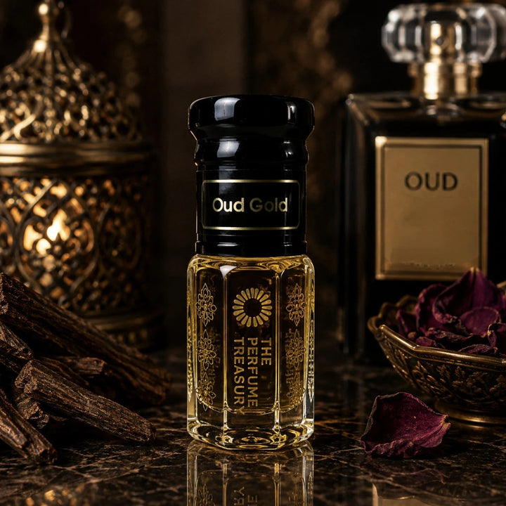 Oud Gold perfume oil by The Perfume Treasury displayed in a luxurious dark setting with oud wood, rose petals and warm lantern lighting.