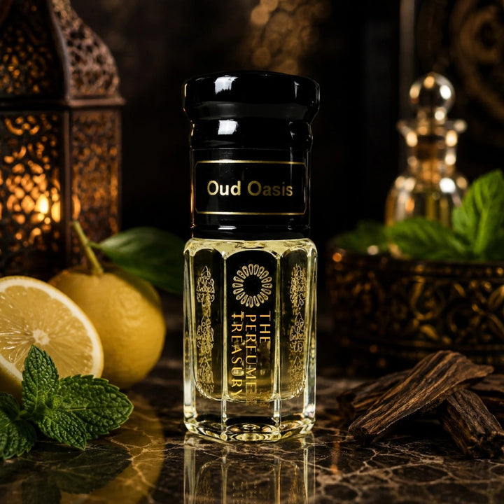 Oud Oasis perfume oil by The Perfume Treasury displayed with fresh lemon, mint leaves, oud wood and warm lantern lighting.