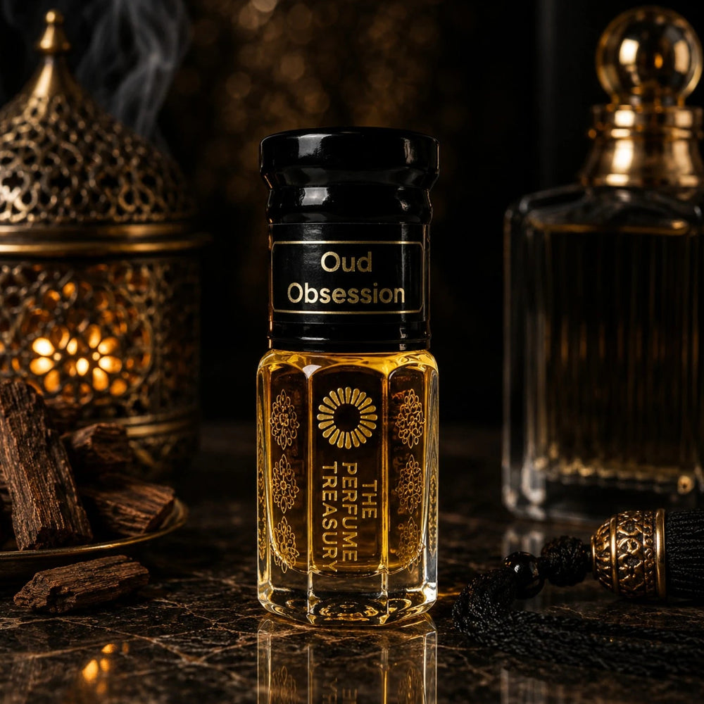 Oud Obsession perfume oil by The Perfume Treasury displayed in a luxurious dark setting with oud wood and warm lantern lighting.