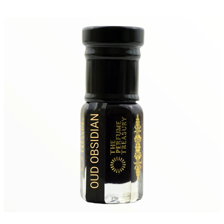 Oud Obsidian perfume oil by The Perfume Treasury in a clear glass bottle with black cap and deep dark fragrance oil.