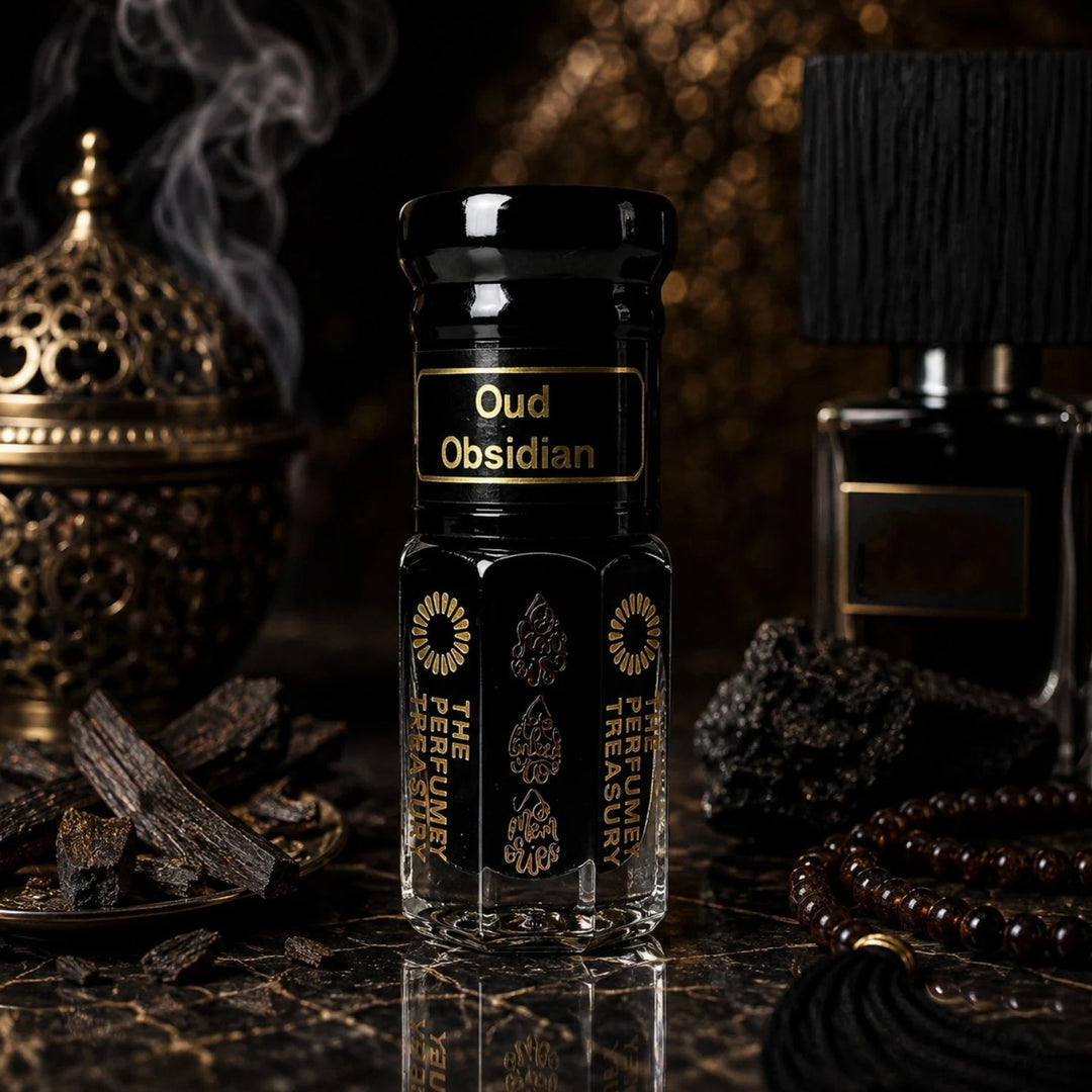 Oud Obsidian perfume oil by The Perfume Treasury displayed in a luxurious dark setting with oud wood, incense smoke and warm ambient lighting.