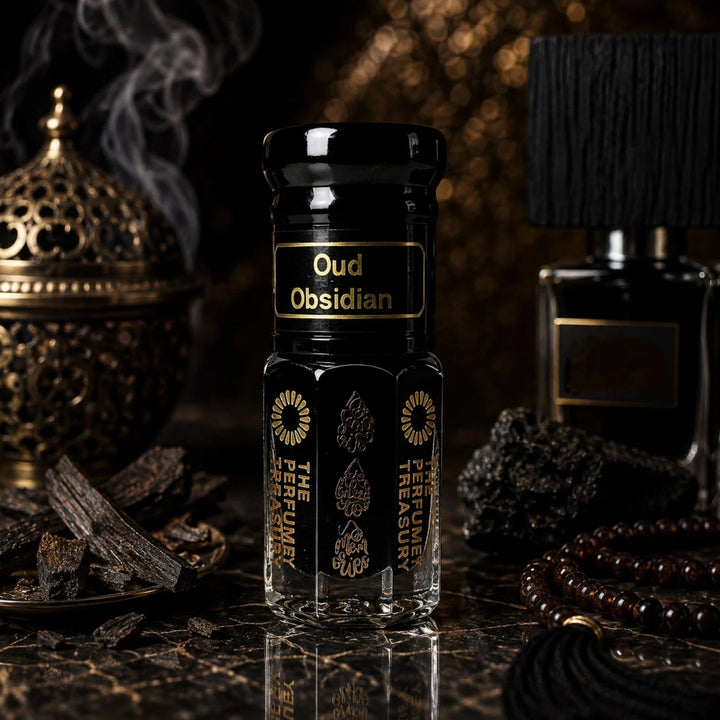 Oud Obsidian perfume oil by The Perfume Treasury displayed in a luxurious dark setting with oud wood, incense smoke and warm ambient lighting.