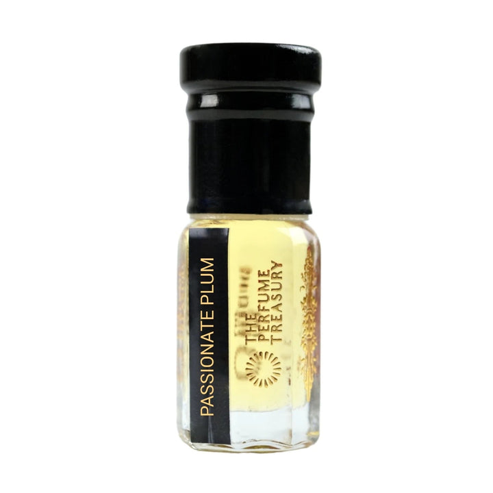Passionate Plum perfume oil by The Perfume Treasury in a clear glass bottle with black cap and pale golden fragrance oil.