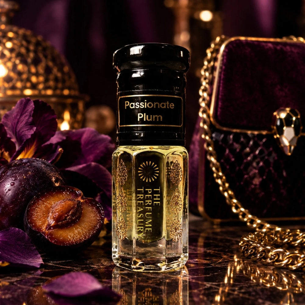 Passionate Plum perfume oil by The Perfume Treasury displayed with ripe plums, purple florals and luxurious gold accessories.