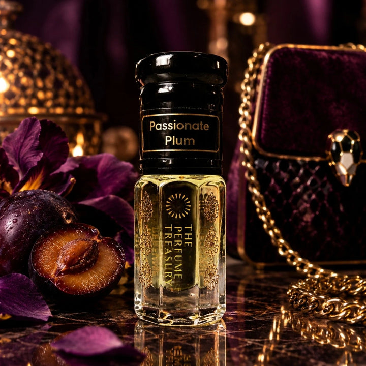 Passionate Plum perfume oil by The Perfume Treasury displayed with ripe plums, purple florals and luxurious gold accessories.