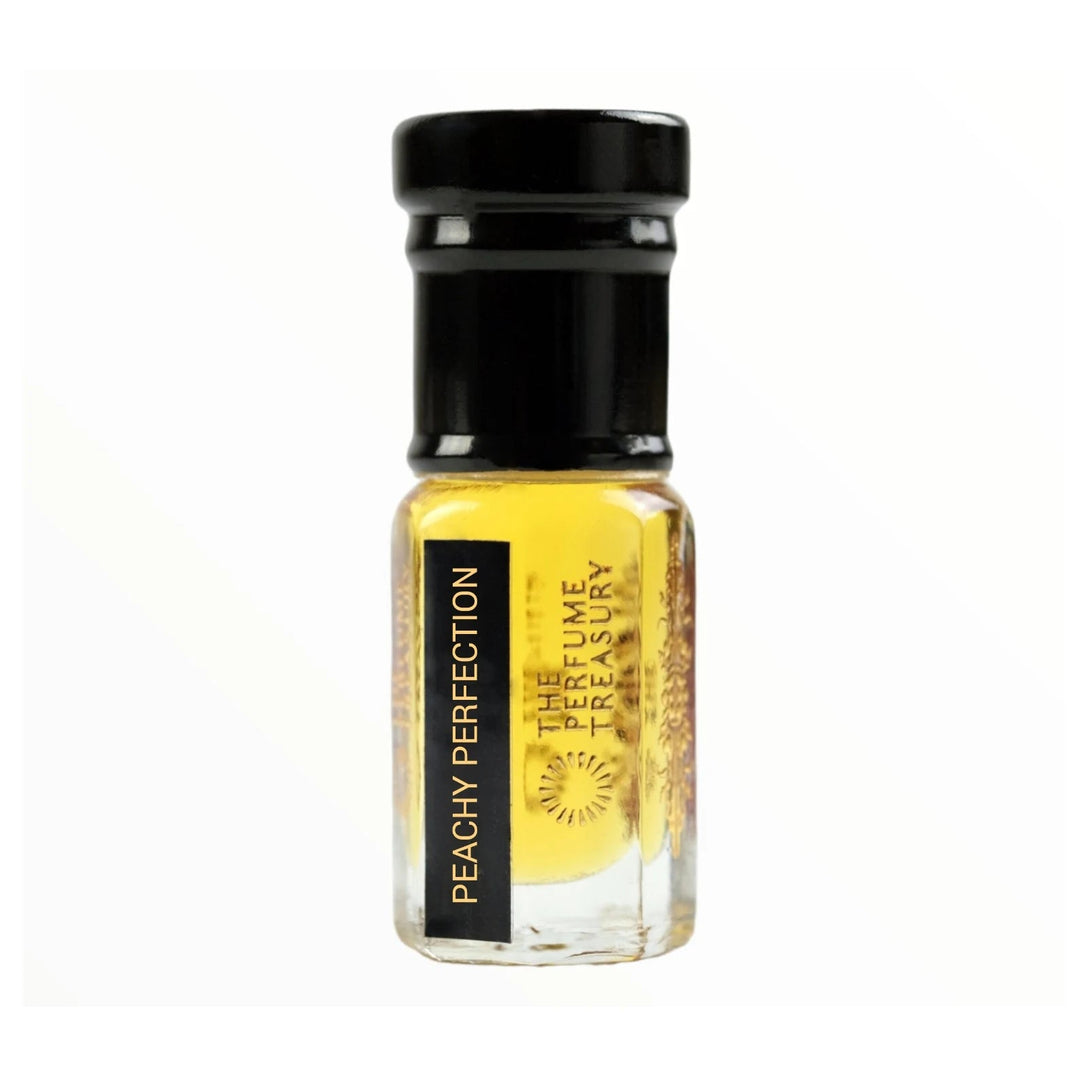 Peachy Perfection perfume oil by The Perfume Treasury in a clear glass bottle with black cap and rich golden fragrance oil.