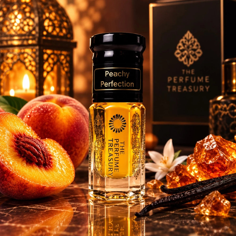 Peachy Perfection perfume oil by The Perfume Treasury displayed with ripe peaches, vanilla and warm amber accents in a luxurious setting.