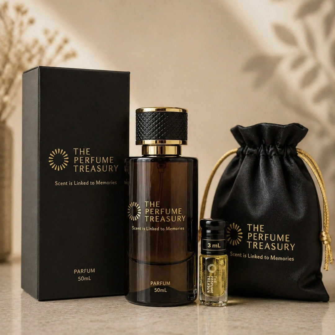 Perfume performance bundle by The Perfume Treasury including 50ml parfum spray, 3ml attar perfume oil, luxury black box and gift pouch on neutral background.