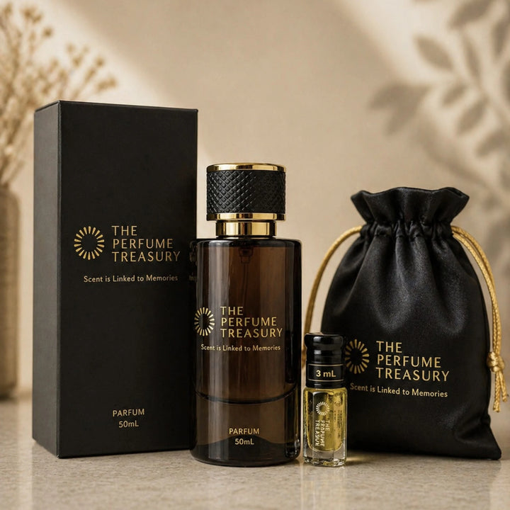 Perfume performance bundle by The Perfume Treasury including 50ml parfum spray, 3ml attar perfume oil, luxury black box and gift pouch on neutral background.