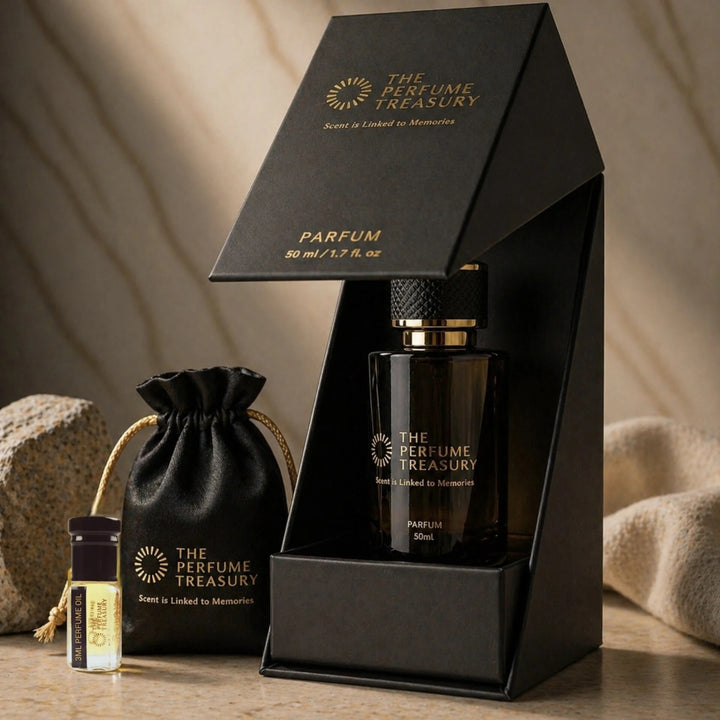 Perfume performance bundle by The Perfume Treasury displayed in open luxury box, 50ml parfum spray and 3ml attar perfume oil on warm neutral background.