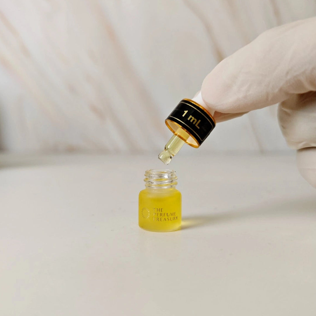 Applying perfume oil using 1ml dropper bottle by The Perfume Treasury, showing precise fragrance application.