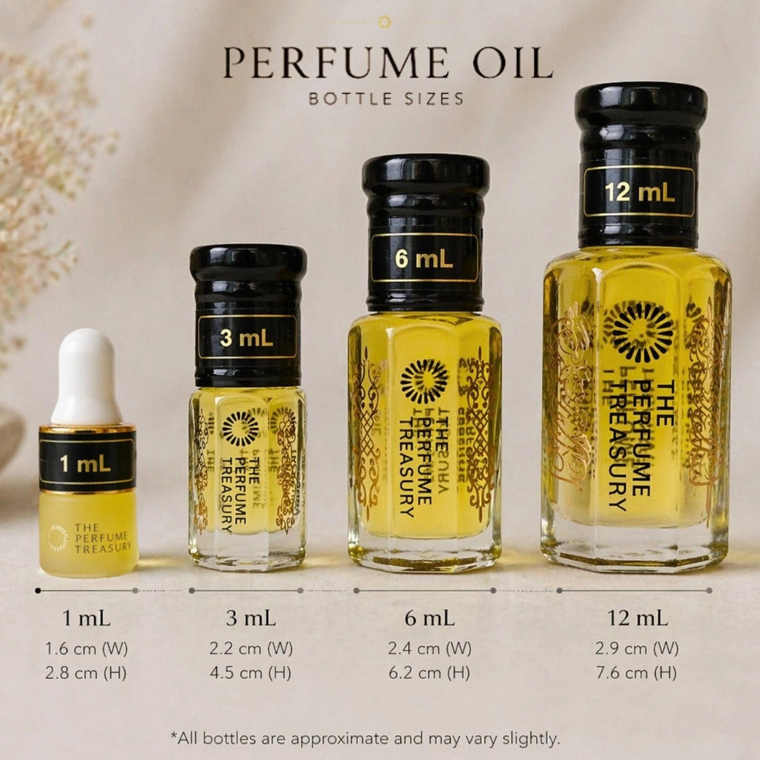 Perfume oil bottle size comparison showing 1ml, 3ml, 6ml and 12ml bottles by The Perfume Treasury.