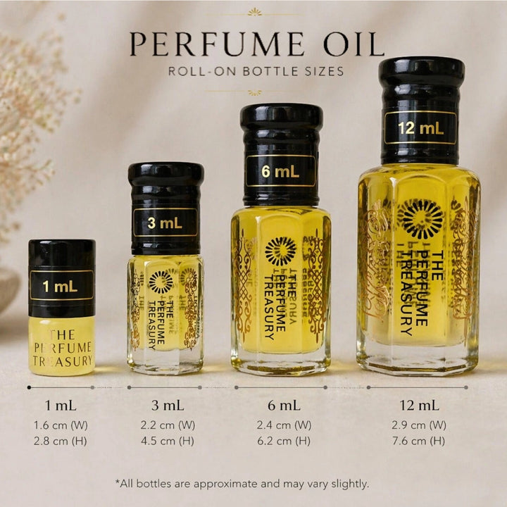 Perfume oil roll-on bottle size guide showing 1ml, 3ml, 6ml and 12ml bottles by The Perfume Treasury, clear glass bottles with black caps and golden fragrance oil on neutral background.