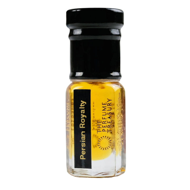 Small clear glass perfume oil bottle with black cap, Persian Royalty 3ml attar perfume oil by The Perfume Treasury, rich deep golden fragrance oil on white background.