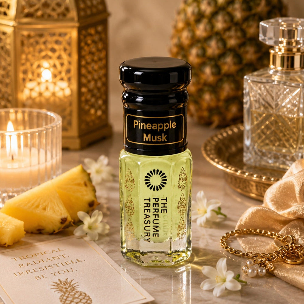 Pineapple Musk tahara perfume oil with pineapple slices and tropical fruity luxury fragrance styling.