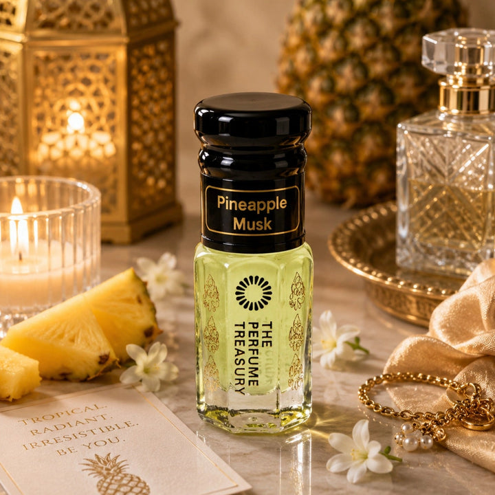 Pineapple Musk tahara perfume oil with pineapple slices and tropical fruity luxury fragrance styling.
