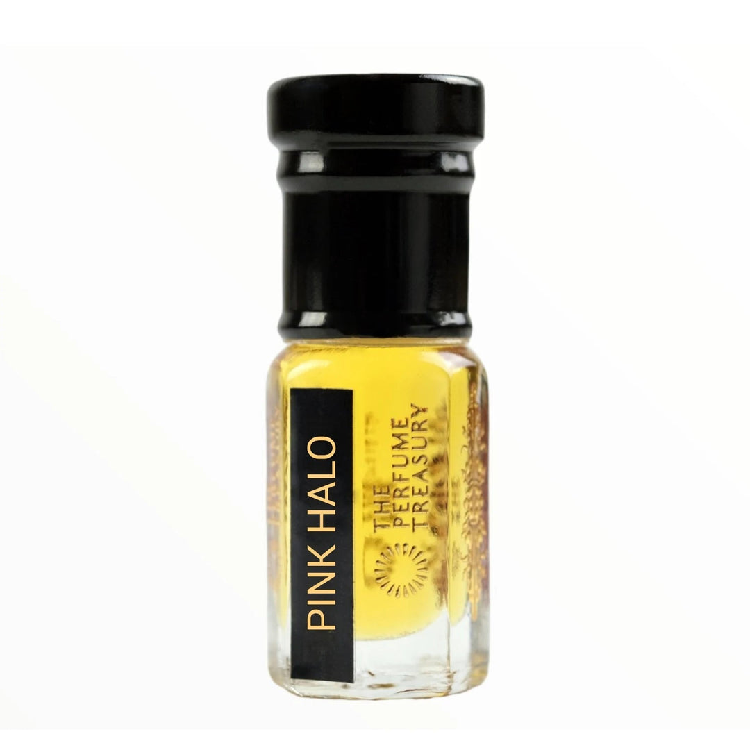 Pink Halo perfume oil by The Perfume Treasury in a clear glass bottle with black cap and rich golden fragrance oil.