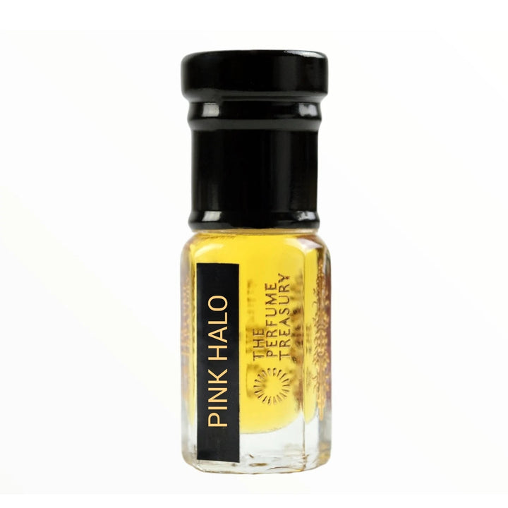 Pink Halo perfume oil by The Perfume Treasury in a clear glass bottle with black cap and rich golden fragrance oil.