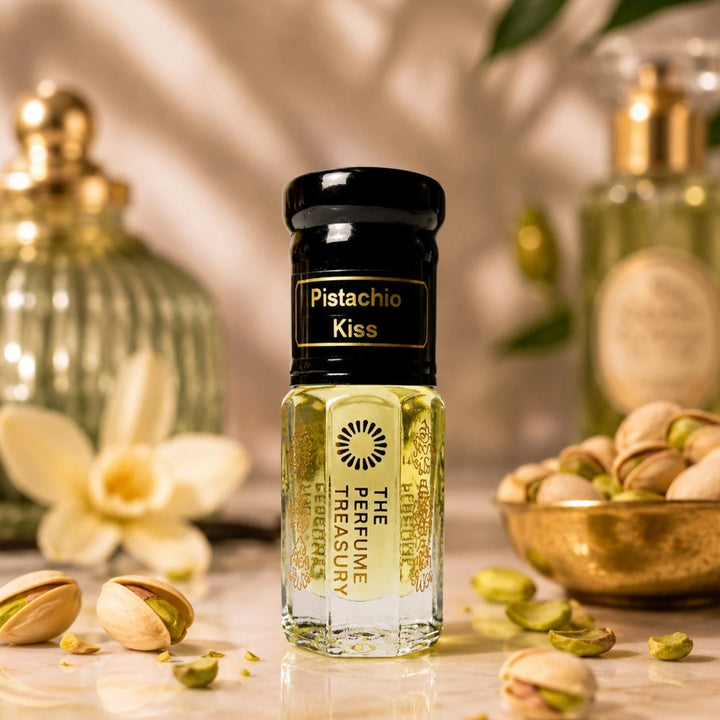 Pistachio Kiss perfume oil by The Perfume Treasury displayed with pistachio nuts, vanilla flowers and warm gourmand accents.