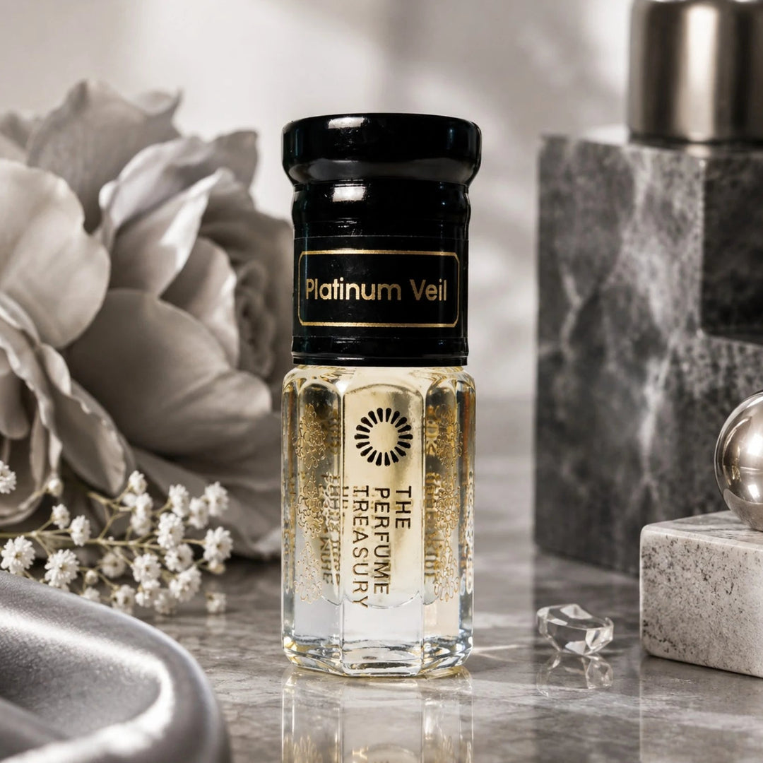 Platinum Veil perfume oil by The Perfume Treasury displayed in an elegant silver and grey setting with flowers, marble and polished metallic accents.