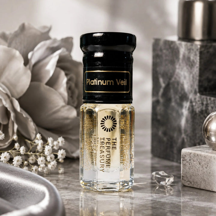 Platinum Veil perfume oil by The Perfume Treasury displayed in an elegant silver and grey setting with flowers, marble and polished metallic accents.
