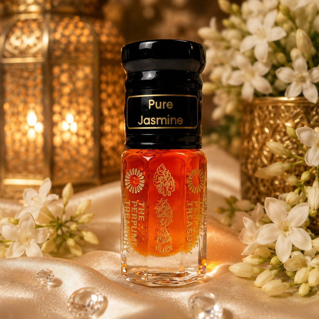 Pure Jasmine Attar Perfume Oil by The Perfume Treasury displayed among white jasmine flowers, golden lanterns and champagne satin in a luxurious floral setting.