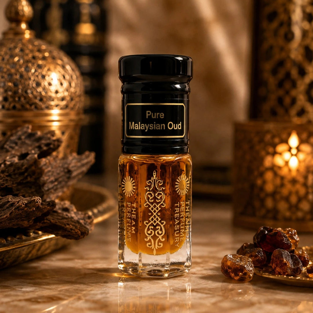 Pure Malaysian Oud perfume oil by The Perfume Treasury displayed with dark oud wood, amber resins and glowing golden lanterns.