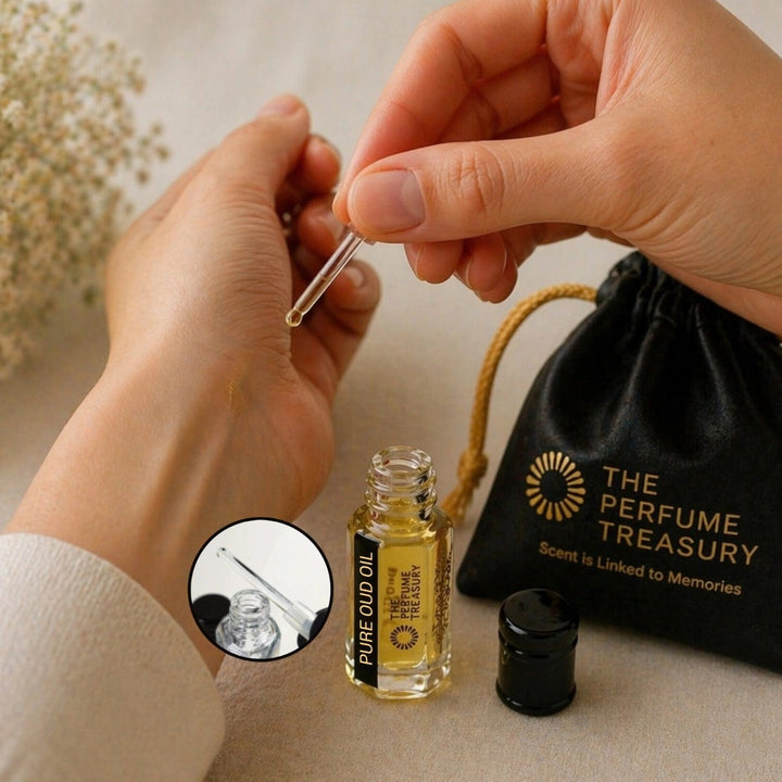 Applying Pure Oud perfume oil using glass applicator by The Perfume Treasury, highlighting rich oil texture.