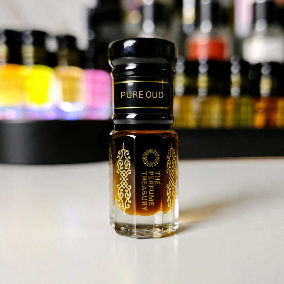 Pure Oud perfume oil bottle in a luxury lifestyle setting with soft blurred background.