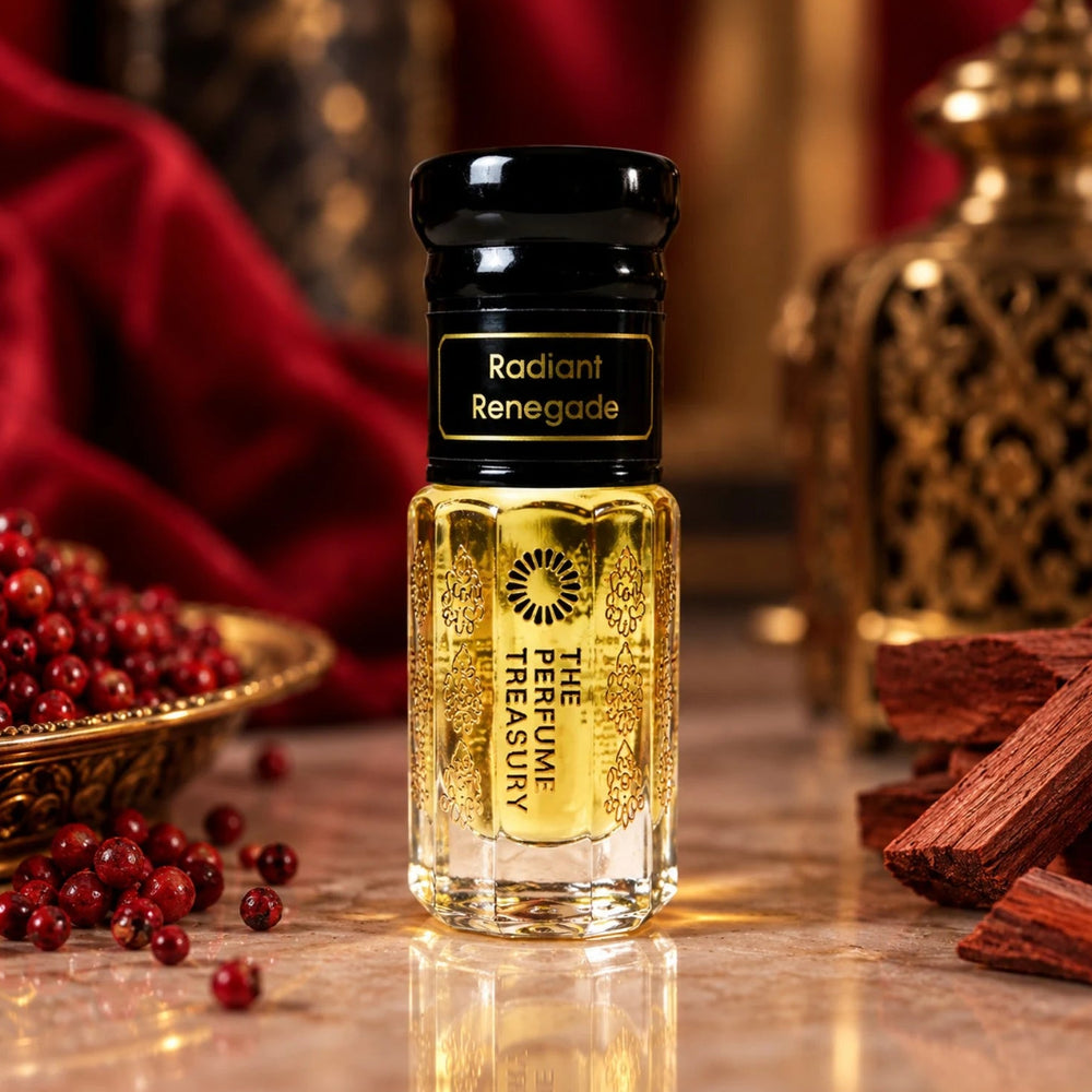 Radiant Renegade perfume oil by The Perfume Treasury displayed with red berries, rich red fabric and warm golden accents in a luxurious setting.