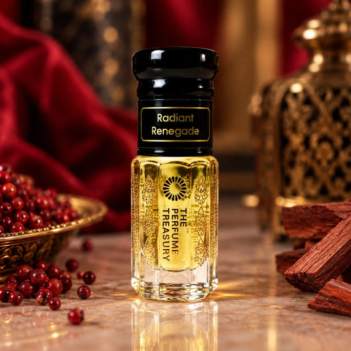 Radiant Renegade perfume oil by The Perfume Treasury displayed with red berries, rich red fabric and warm golden accents in a luxurious setting.