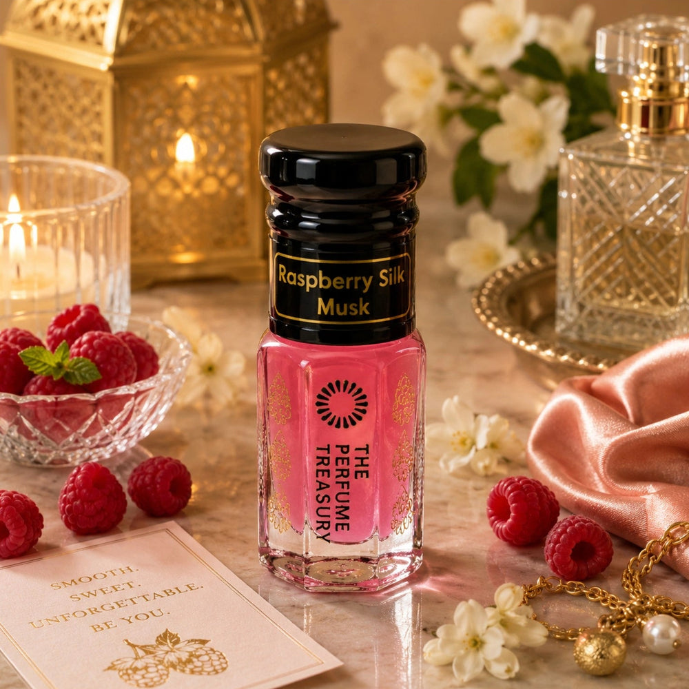 Raspberry Silk Musk Tahara perfume oil hero lifestyle image featuring sweet raspberry body musk fragrance oil surrounded by fresh raspberries, white florals, soft satin fabric and luxury fragrance accents, showcasing a smooth fruity musk scent by The Perfume Treasury.