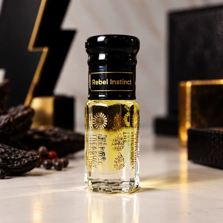 Rebel Instinct perfume oil by The Perfume Treasury displayed with dark aromatic elements and bold black and gold accents in a sophisticated setting.