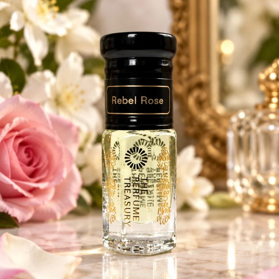 Rebel Rose perfume oil by The Perfume Treasury displayed with a pink rose, white flowers and elegant gold accents in a luxurious floral setting.