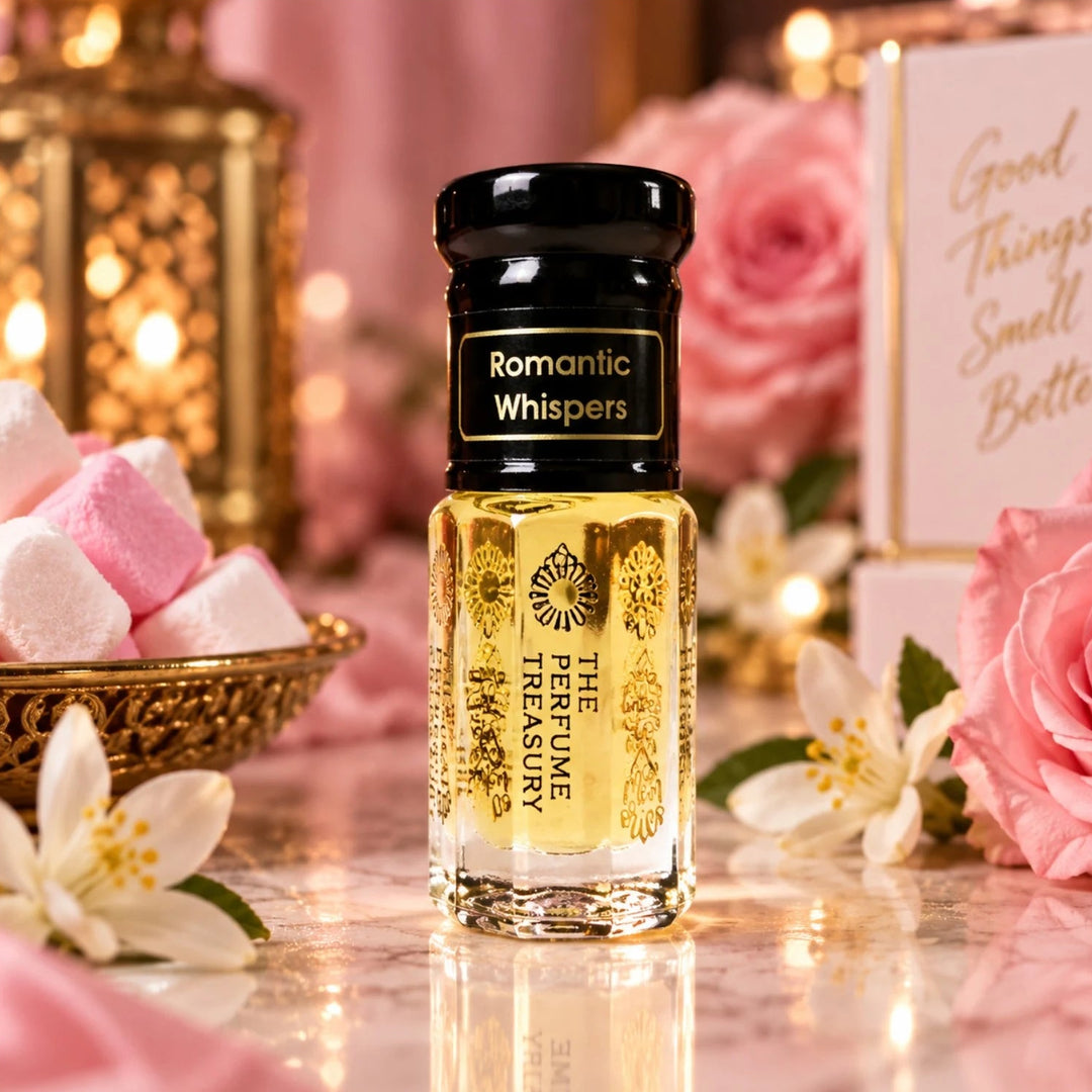 Romantic Whispers perfume oil by The Perfume Treasury displayed with pink roses, white flowers, marshmallows and warm gold accents in a romantic setting.