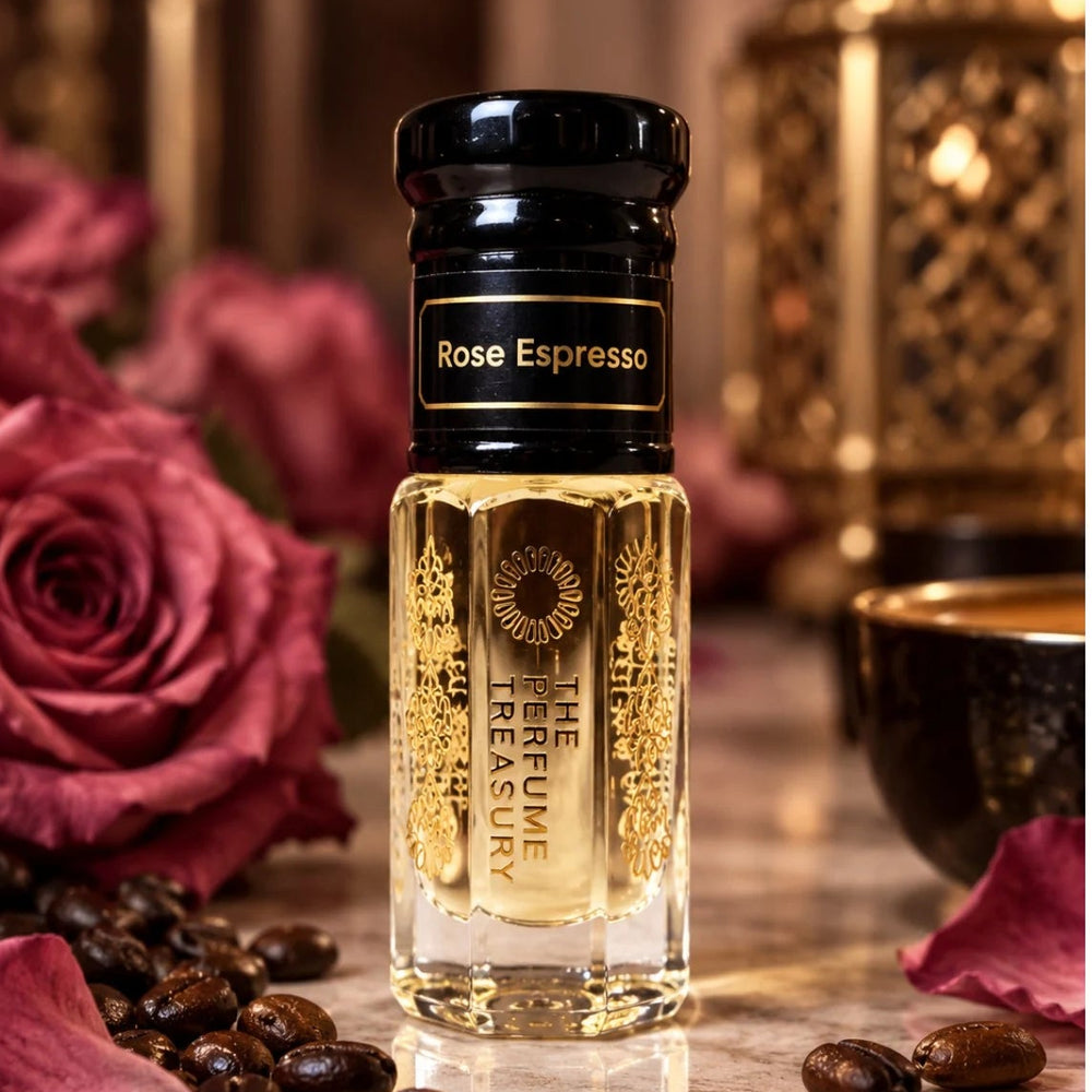 Rose Espresso perfume oil by The Perfume Treasury displayed with deep pink roses, roasted coffee beans and warm gold accents in a luxurious setting.