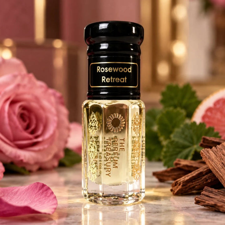 Rosewood Retreat perfume oil by The Perfume Treasury displayed with pink roses, green leaves, grapefruit and rich wood accents in an elegant setting.