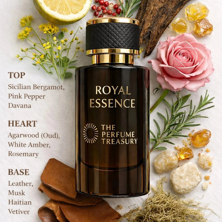 Fragrance notes presentation for Royal Essence Extrait de Parfum featuring Sicilian bergamot, pink pepper, davana, agarwood oud, white amber, rosemary, leather, musk and Haitian vetiver accords.