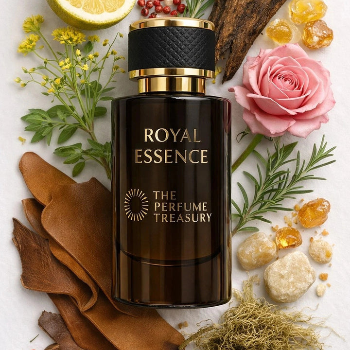 Royal Essence Extrait de Parfum bottle displayed with bergamot, pink pepper, davana blossoms, oud wood, rosemary, rose petals, leather, white amber resin and Haitian vetiver in a refined woody aromatic composition.