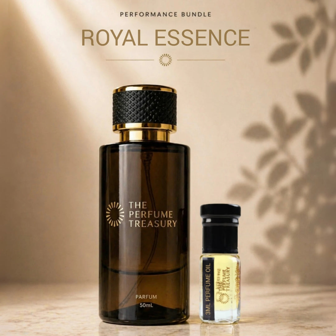 Royal Essence Performance Bundle with a 50ml Extrait de Parfum spray and coordinating 3ml perfume oil for maximum fragrance performance and portability.