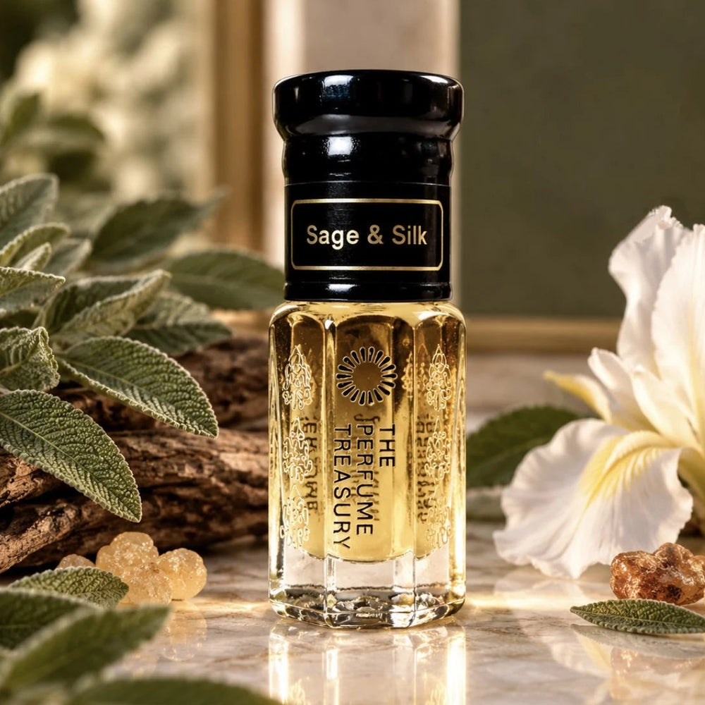 Sage & Silk perfume oil by The Perfume Treasury displayed with fresh sage leaves, soft white flowers, woods and resinous accents in an elegant setting.