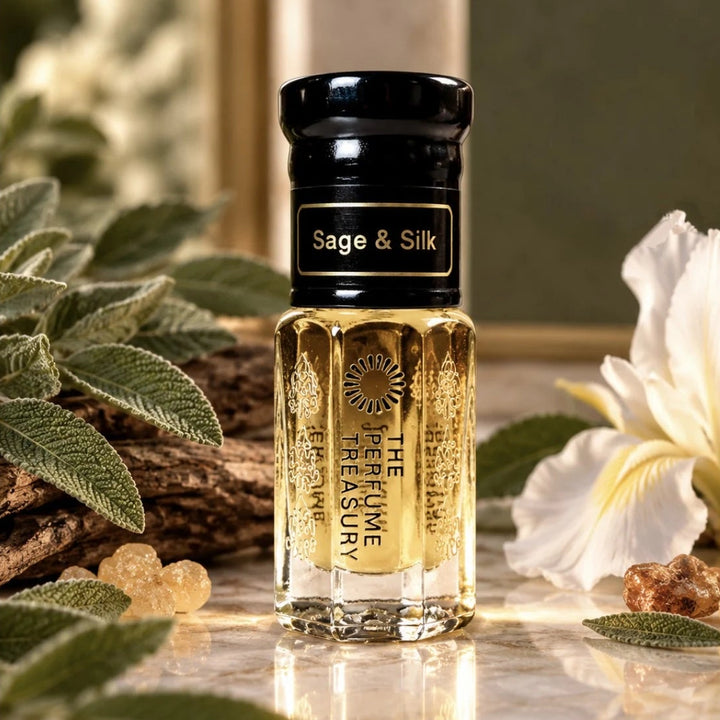 Sage &amp; Silk perfume oil by The Perfume Treasury displayed with fresh sage leaves, soft white flowers, woods and resinous accents in an elegant setting.