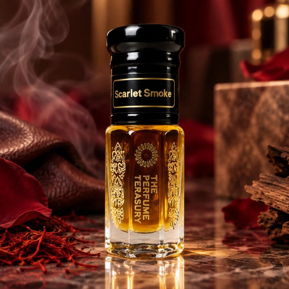 Scarlet Smoke perfume oil by The Perfume Treasury displayed in a warm luxurious setting with red petals, saffron, dark woods and drifting smoke.