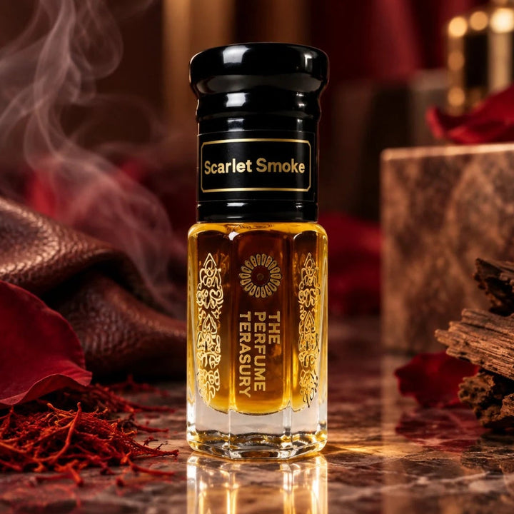 Scarlet Smoke perfume oil by The Perfume Treasury displayed in a warm luxurious setting with red petals, saffron, dark woods and drifting smoke.