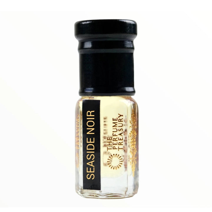 Seaside Noir perfume oil by The Perfume Treasury in a clear glass bottle with black cap and pale golden fragrance oil.