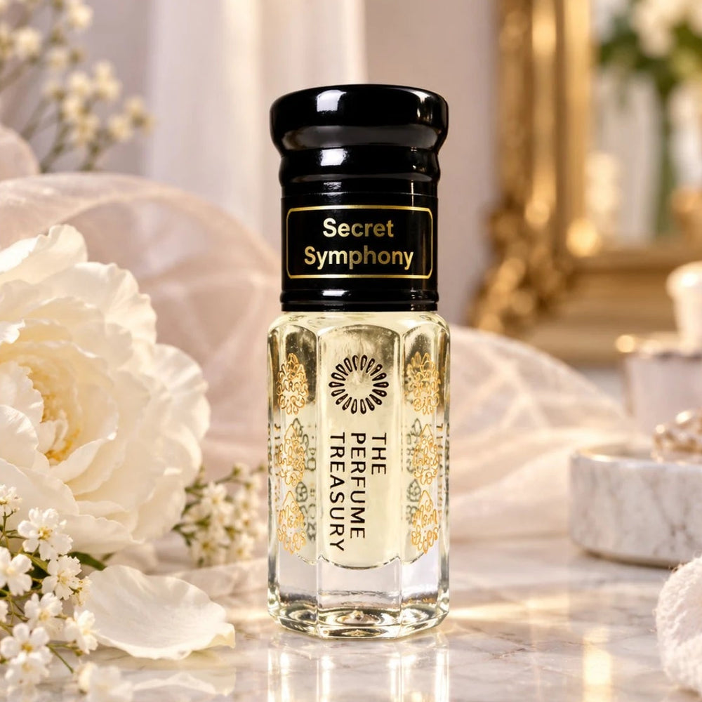 Secret Symphony perfume oil by The Perfume Treasury displayed in an elegant setting with soft white flowers, flowing fabric, marble and warm golden accents.