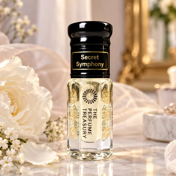 Secret Symphony perfume oil by The Perfume Treasury displayed in an elegant setting with soft white flowers, flowing fabric, marble and warm golden accents.