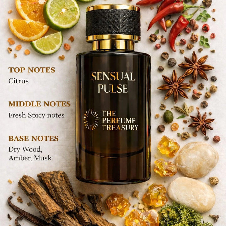 Fragrance notes presentation for Sensual Pulse Extrait de Parfum featuring citrus, fresh spicy accords, dry woods, amber and musk notes in a luxury ingredient layout.